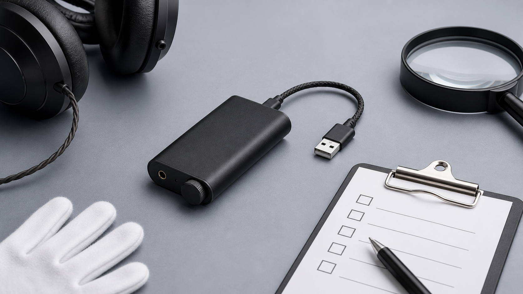 黒色のポータブルUSB DACとケーブル、査定チェック表を描いたオリジナル2Dイラスト