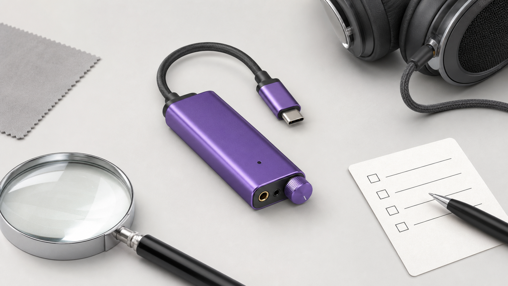 紫色のポータブルUSB DACとケーブル、査定用ルーペを描いたオリジナル2Dイラスト