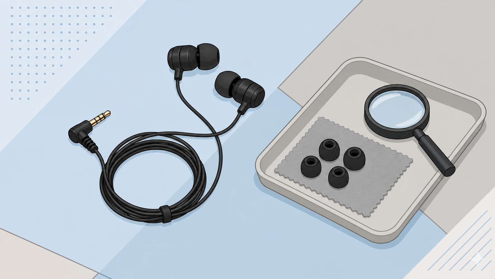 HP-NE30CKブラックをイメージした有線イヤホンと検品トレーのオリジナル2Dイラスト