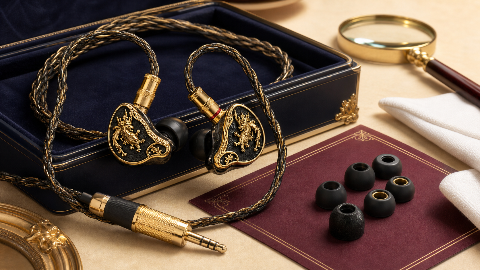 Kinera Imperial Thorkingの買取比較をイメージした黒と金の高級有線イヤホンと査定用品