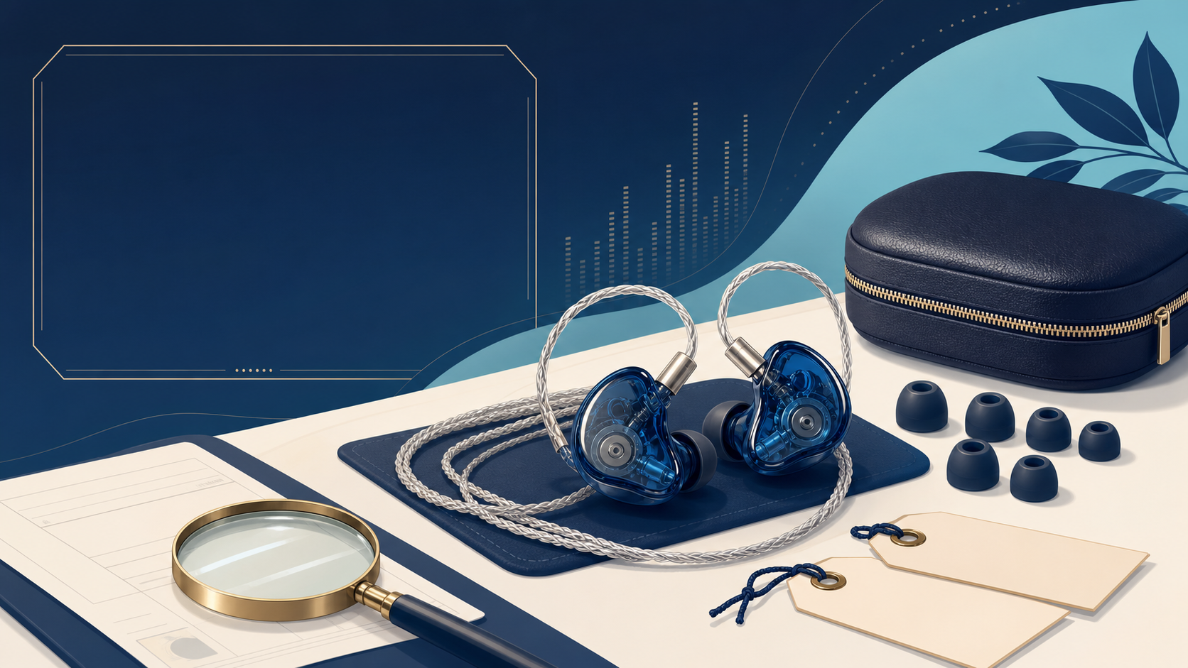 Kiwi Ears Aetherの買取比較をイメージした青い有線イヤホンと査定用品