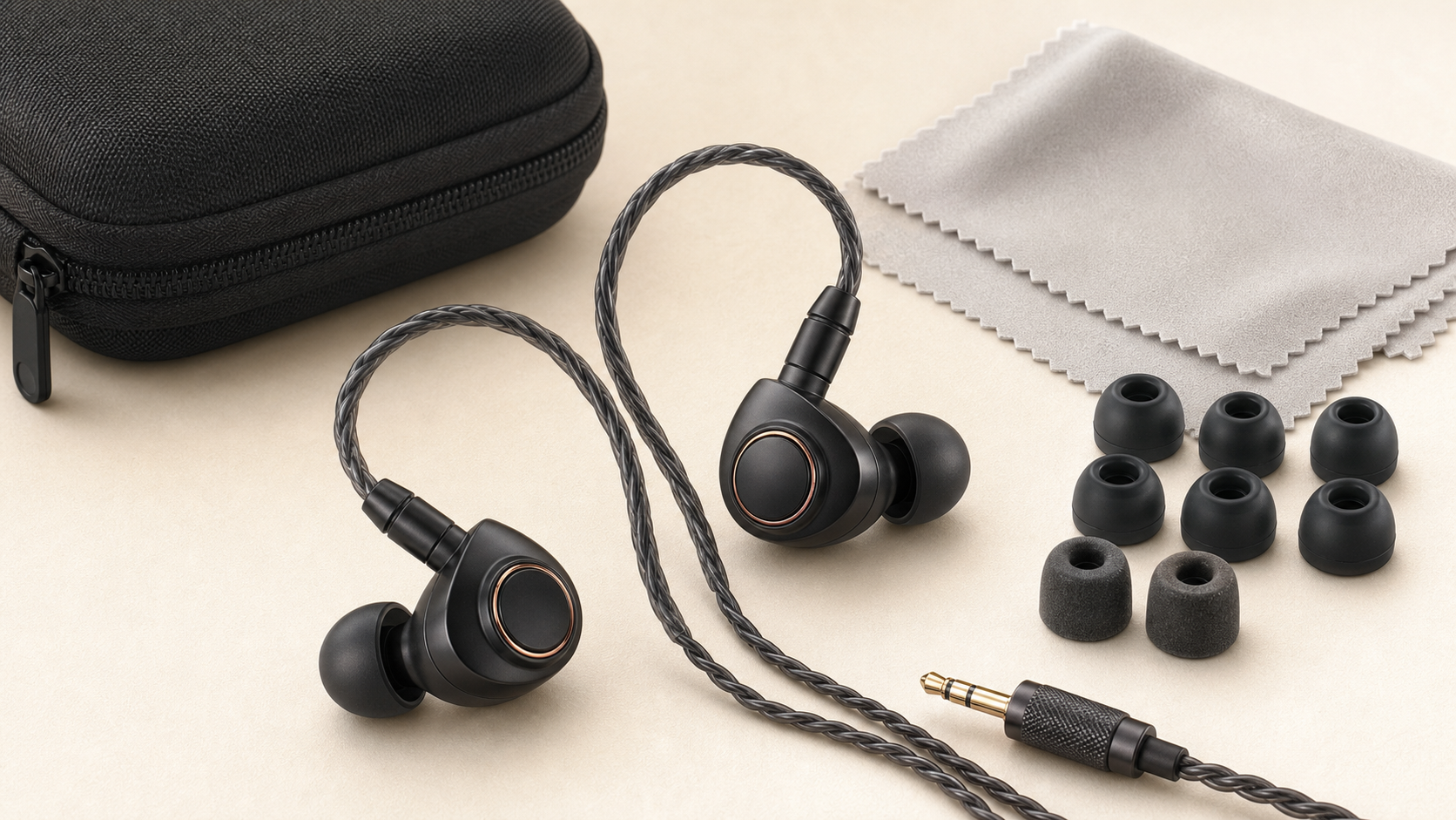 LETSHUOER S08 Blackの買取比較をイメージした黒い有線イヤホンと付属品