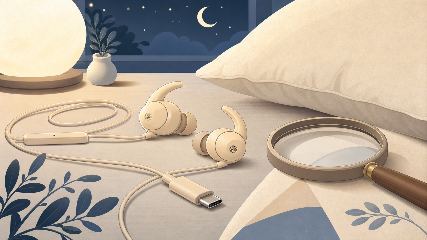 ベージュ色の睡眠用USB-C有線イヤホンと枕、査定ルーペを描いたオリジナル2Dイラスト