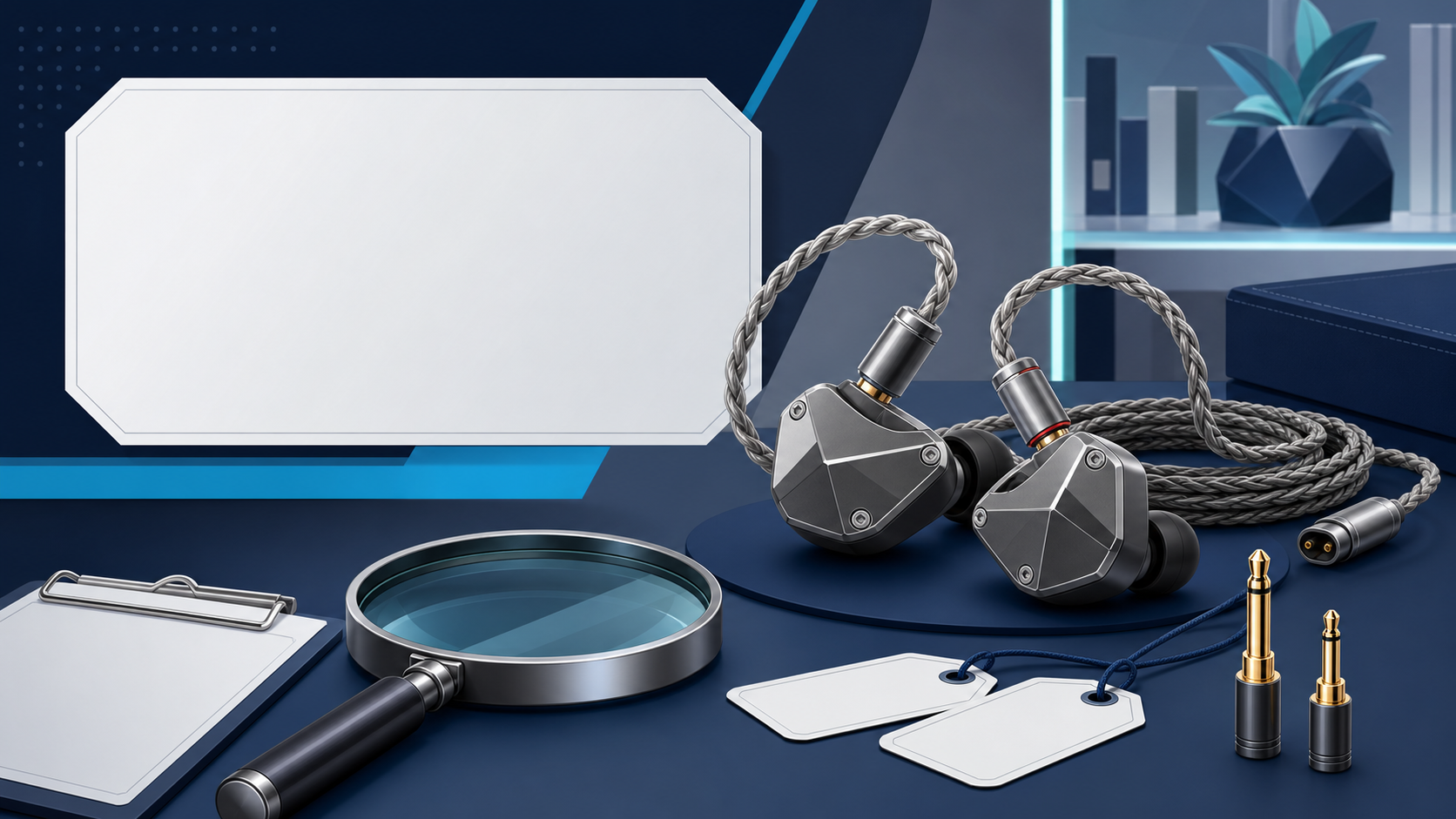 NICEHCK NX8 Tiの買取比較をイメージした銀色の有線イヤホンと査定用品