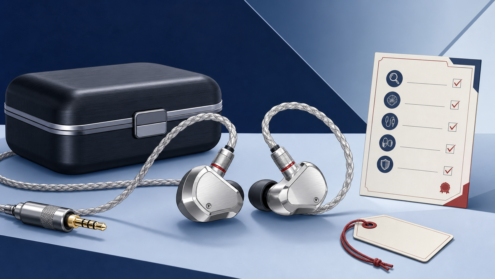 Sennheiser IE 600の買取比較を表すシルバーの有線イヤホンと査定チェック表のイラスト
