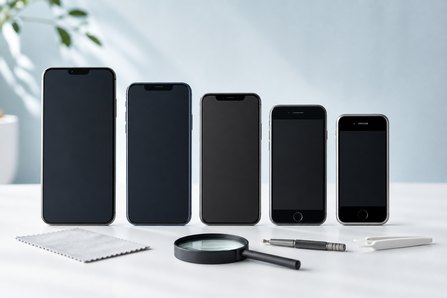 世代やサイズが異なるスマートフォンを並べて状態を確認する様子